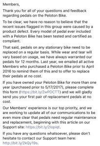 Peloton's note to bike owners